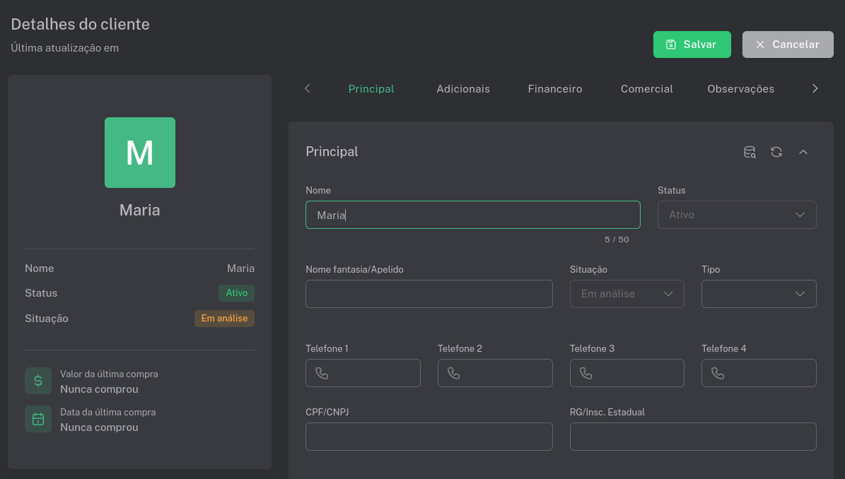 Uma tela de novo cliente vazia