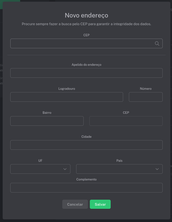 Janela de novo endereço