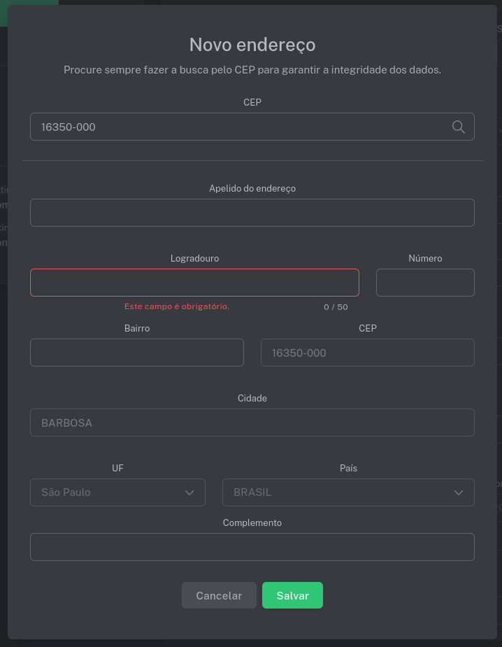 Janela de novo endereço com o CEP de Barbosa