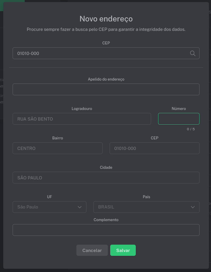 Janela de novo endereço com o CEP de São Paulo