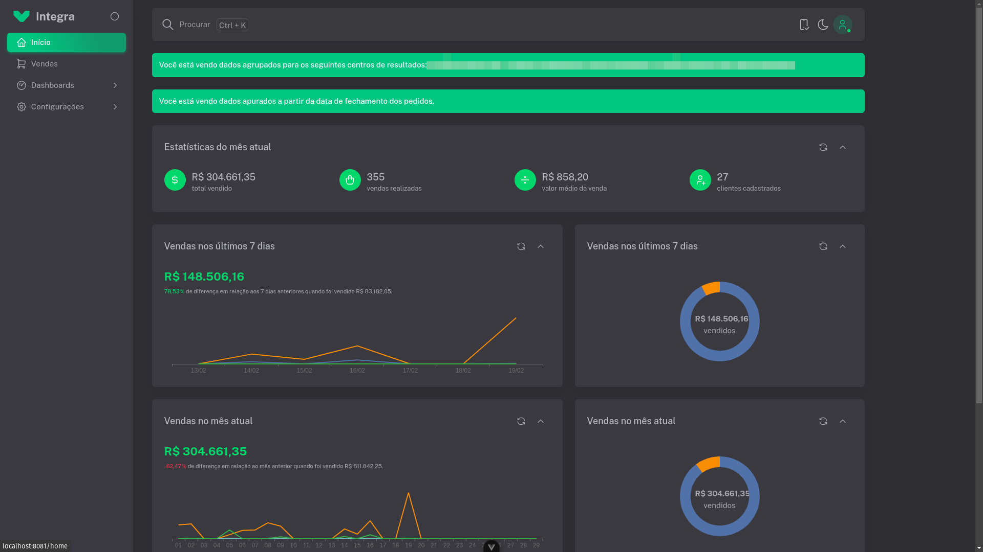 Uma página Início com o menu lateral expandido